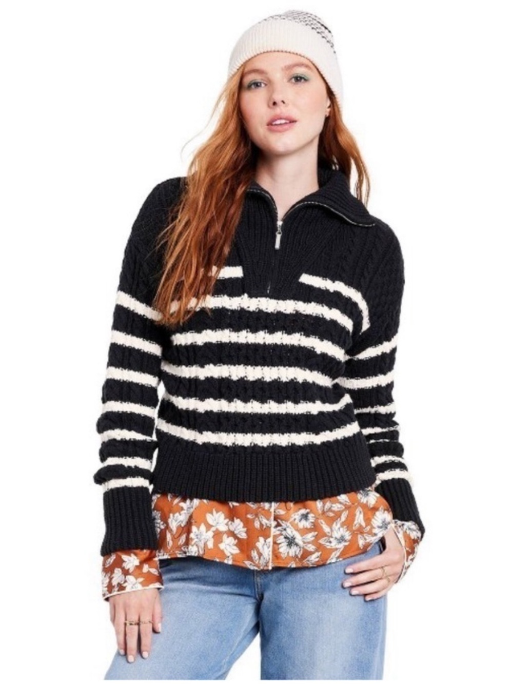 La Ligne x Target Black & Cream Striped Cable-Knit Half-Zip Sweater